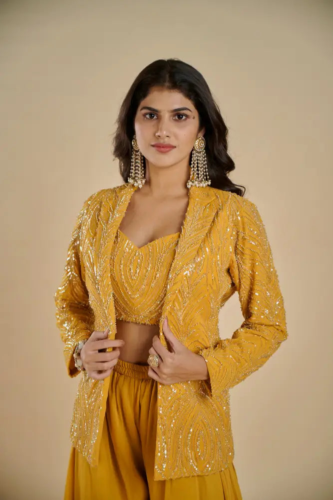 Rich Yellow Indo Western With Beautiful Handcrafted Artwork Indo Western