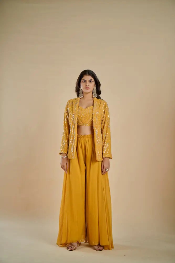 Rich Yellow Indo Western With Beautiful Handcrafted Artwork Indo Western