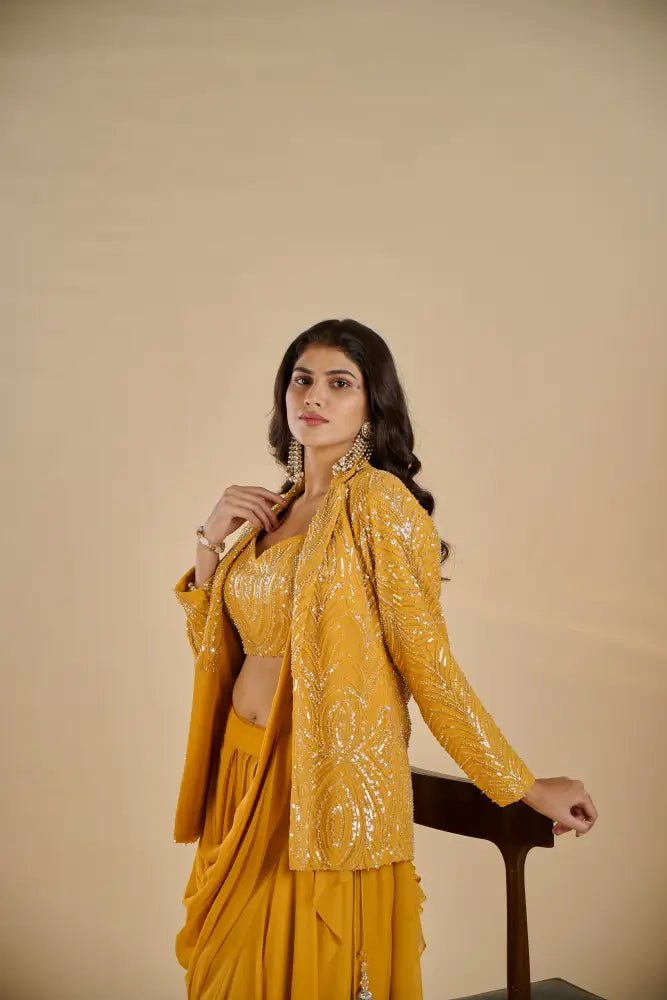 Rich Yellow Indo Western With Beautiful Handcrafted Artwork Indo Western