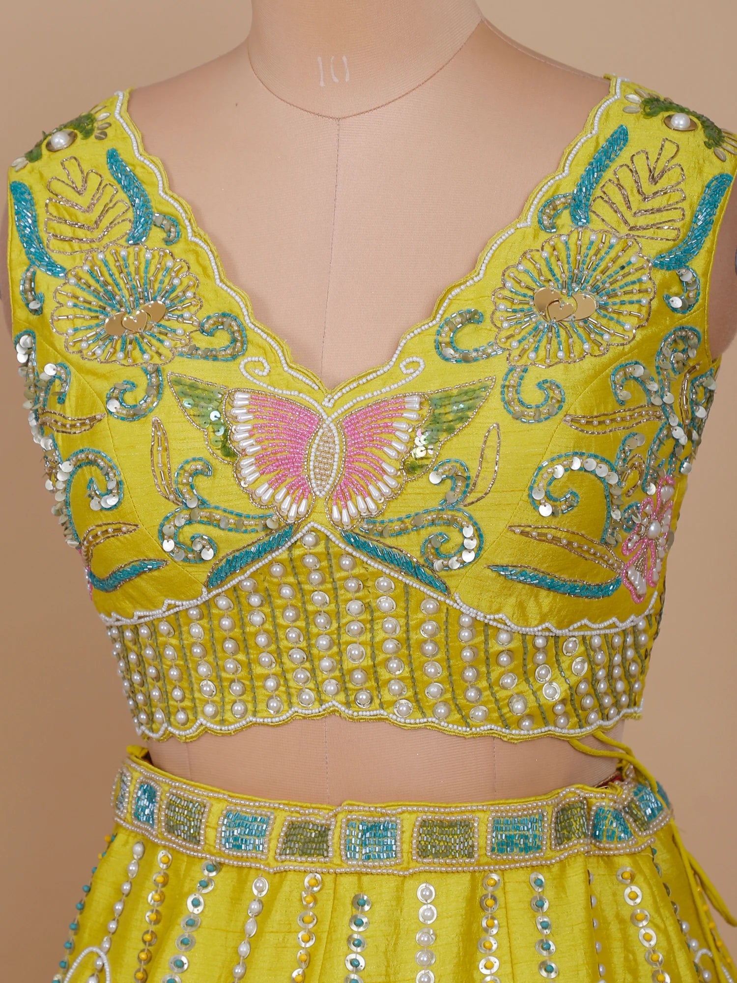 Yellow Silk Noorafza Pearl Moti lehenga for bride haldi look