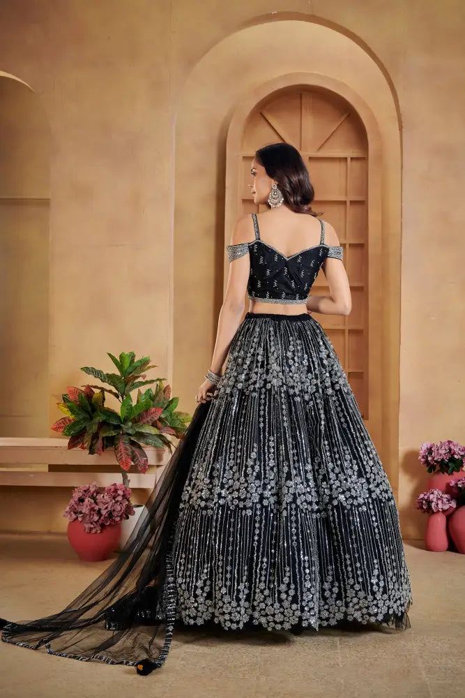 Royal Black Net Lehenga With Dupatta And Intricate Jarkan Embroidery Lehenga
