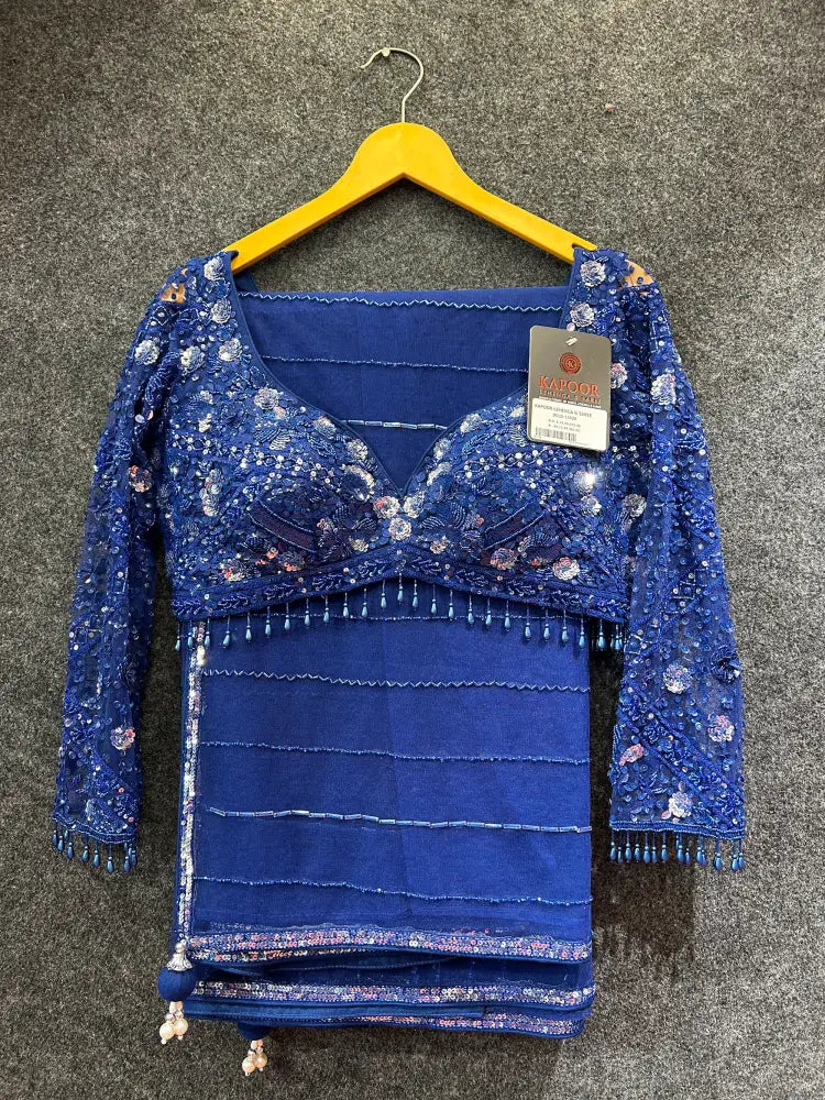 Royal Blue Net Saree With Handwoven Thread Work For Special Events Saree