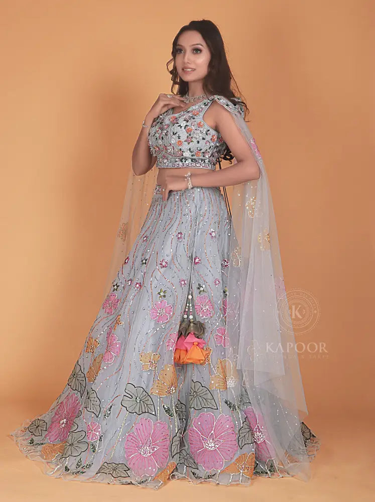Sky Blue Handmade Lehenga With Gota Work In Net Fabric
