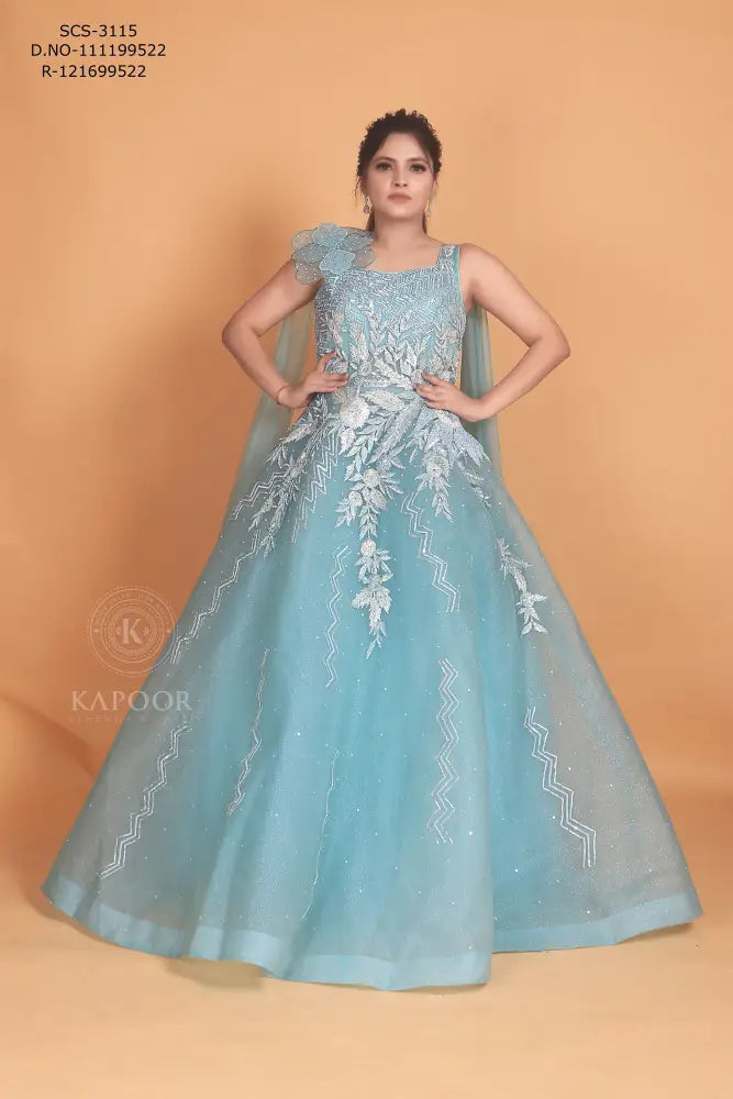 Sky Blue Handmade Party Wear Gown With Gota Work