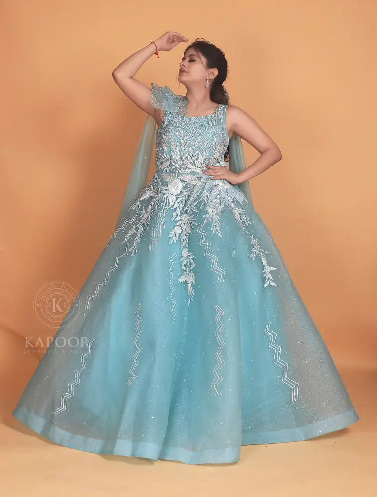 Sky Blue Handmade Party Wear Gown With Gota Work