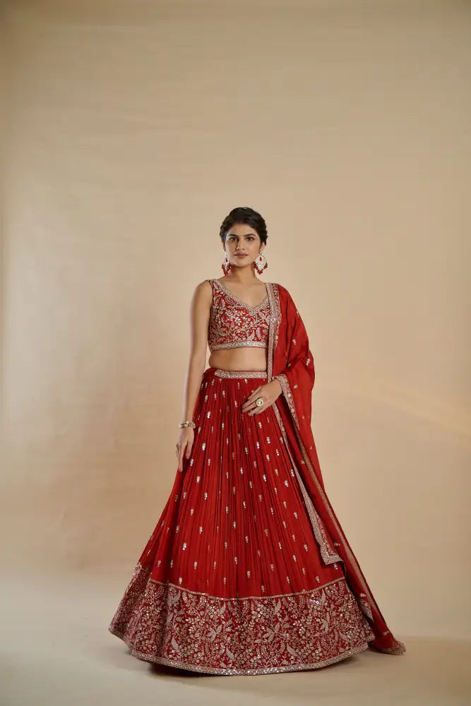 Special Occasion Crepe Silk Rust Lehenga With Artistic Handwork Embroidery Lehenga