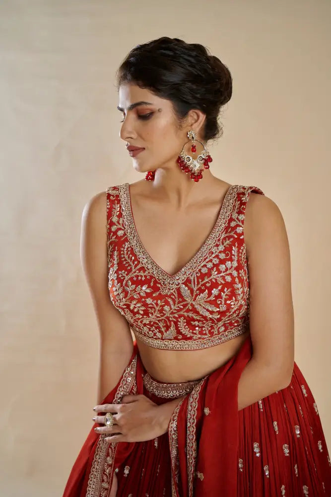 Special Occasion Crepe Silk Rust Lehenga With Artistic Handwork Embroidery Lehenga