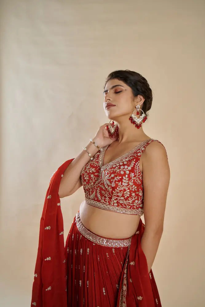 Special Occasion Crepe Silk Rust Lehenga With Artistic Handwork Embroidery Lehenga