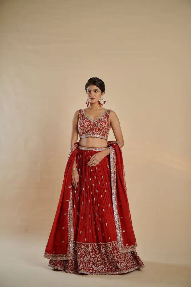 Special Occasion Crepe Silk Rust Lehenga With Artistic Handwork Embroidery Lehenga