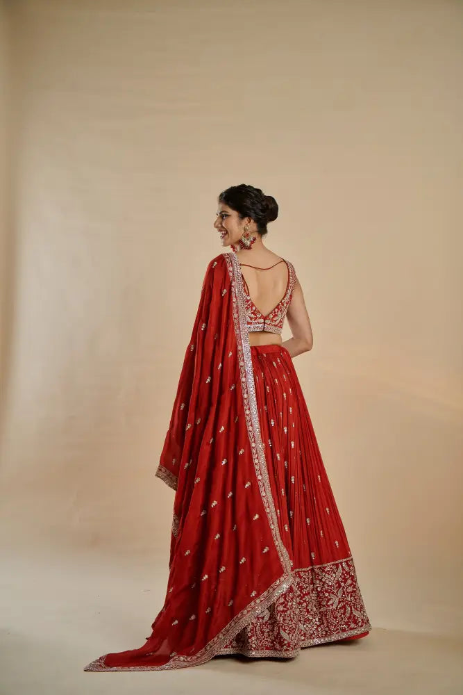 Special Occasion Crepe Silk Rust Lehenga With Artistic Handwork Embroidery Lehenga