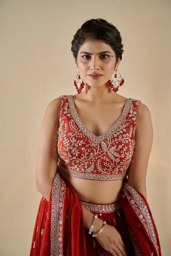 Special Occasion Crepe Silk Rust Lehenga With Artistic Handwork Embroidery Lehenga