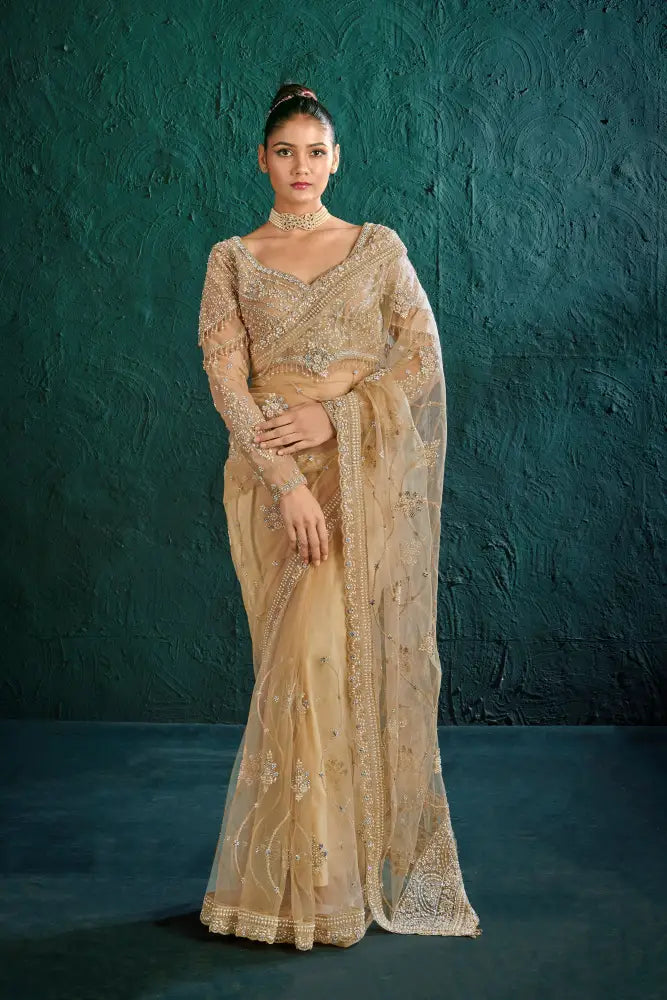 Special Occasion Golden Net Saree With Beautiful Stone Patterns Saree