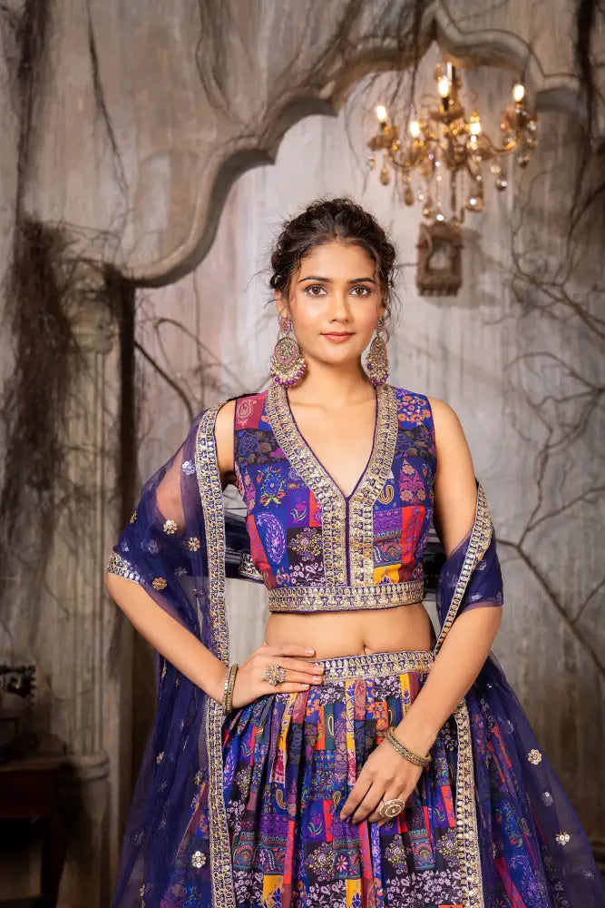 Vibrant Multicolor Printed Handwork Lehenga Choli With Dupatta For Sangeet Lehenga