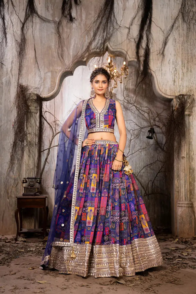Vibrant Multicolor Printed Handwork Lehenga Choli With Dupatta For Sangeet Lehenga