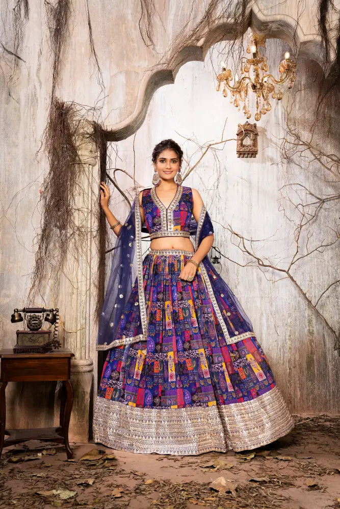 Vibrant Multicolor Printed Handwork Lehenga Choli With Dupatta For Sangeet Lehenga