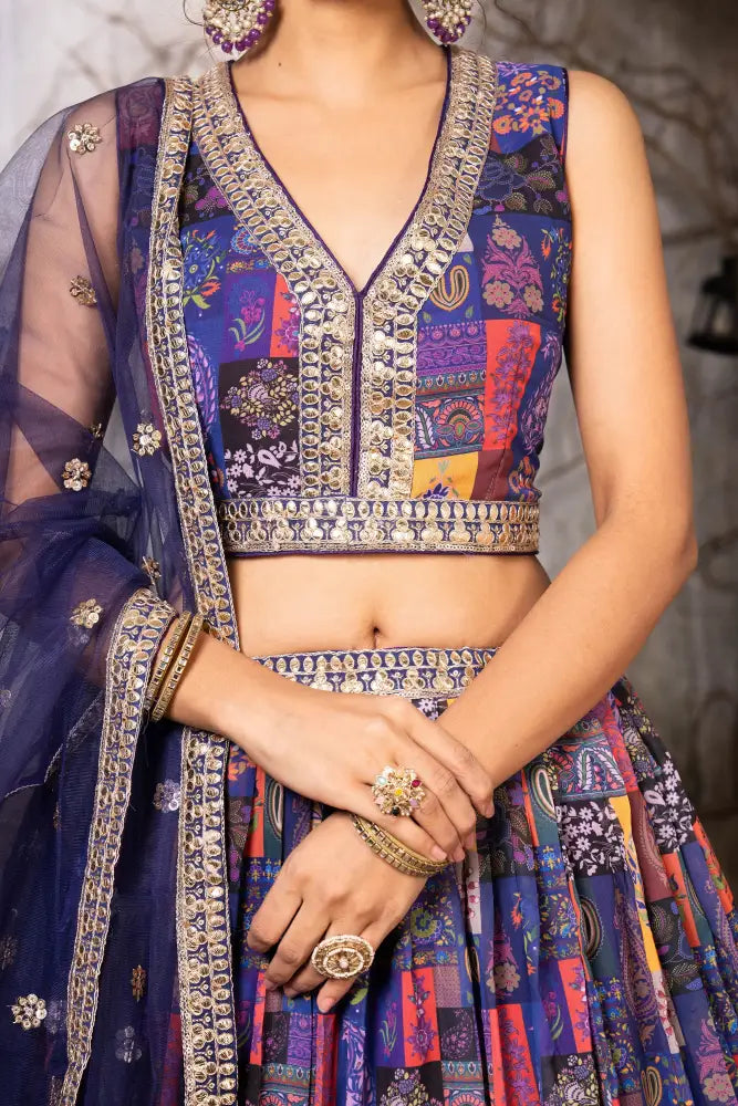 Vibrant Multicolor Printed Handwork Lehenga Choli With Dupatta For Sangeet Lehenga