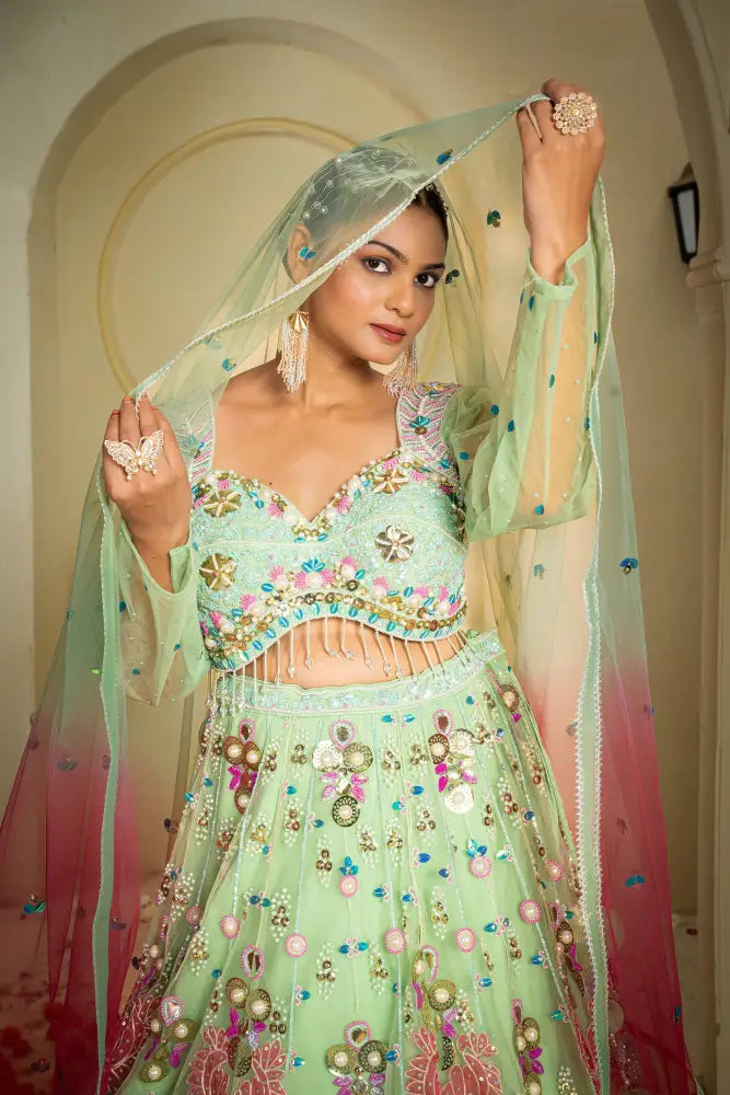 Wedding Wear Pista Net Lehenga With Artisan Handcrafted Designs Lehenga