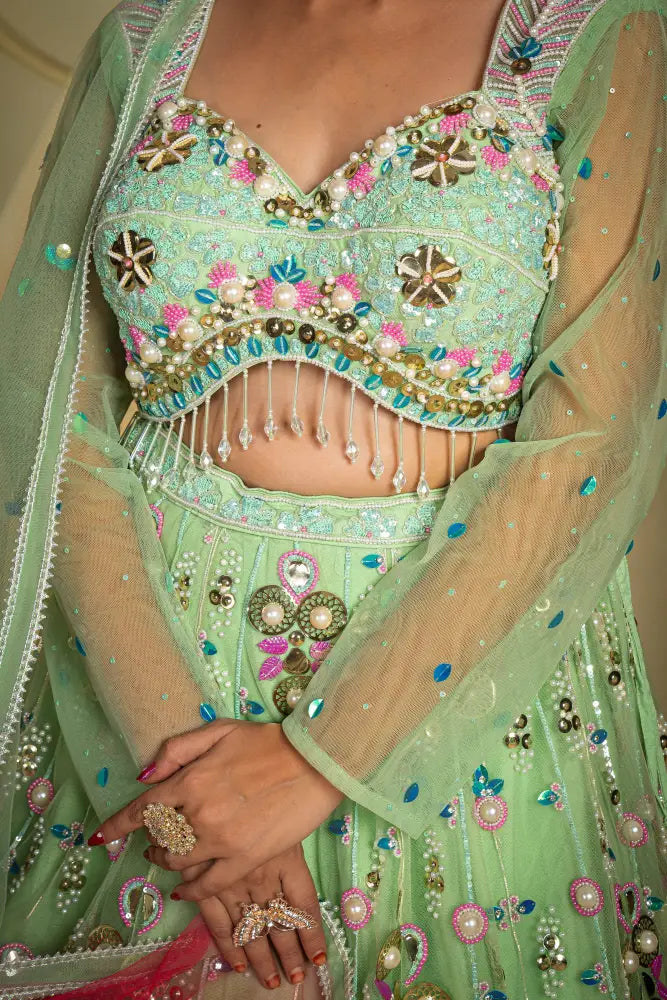 Wedding Wear Pista Net Lehenga With Artisan Handcrafted Designs Lehenga