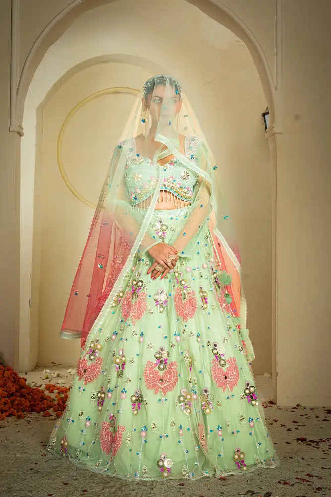 Wedding Wear Pista Net Lehenga With Artisan Handcrafted Designs Lehenga