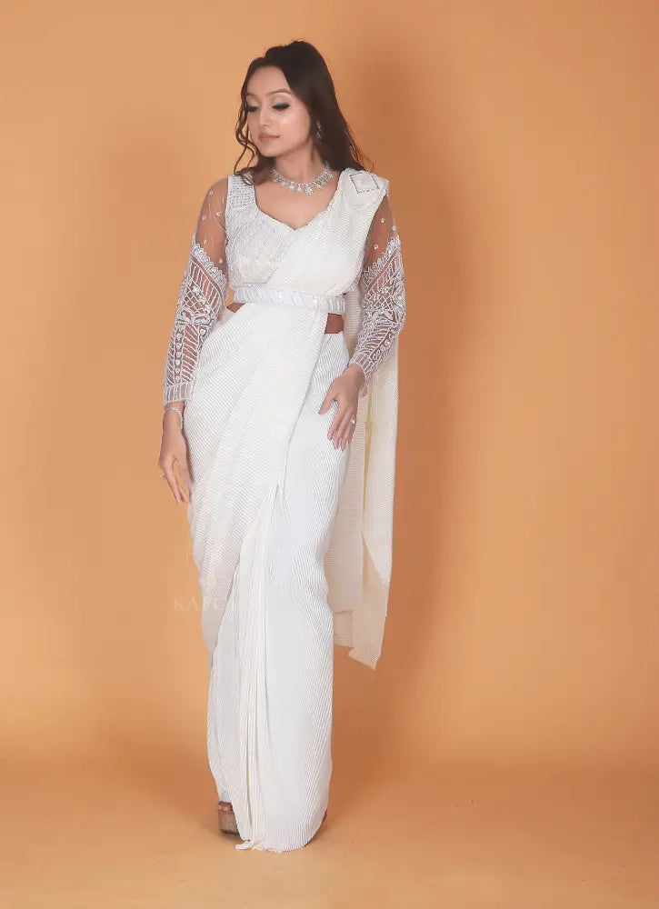 White Jimmy Choo Silk Saree Exquisitely Handcrafted Ready To Wear Saree