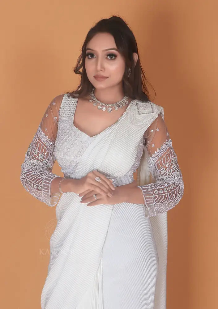 White Jimmy Choo Silk Saree Exquisitely Handcrafted Ready To Wear Saree