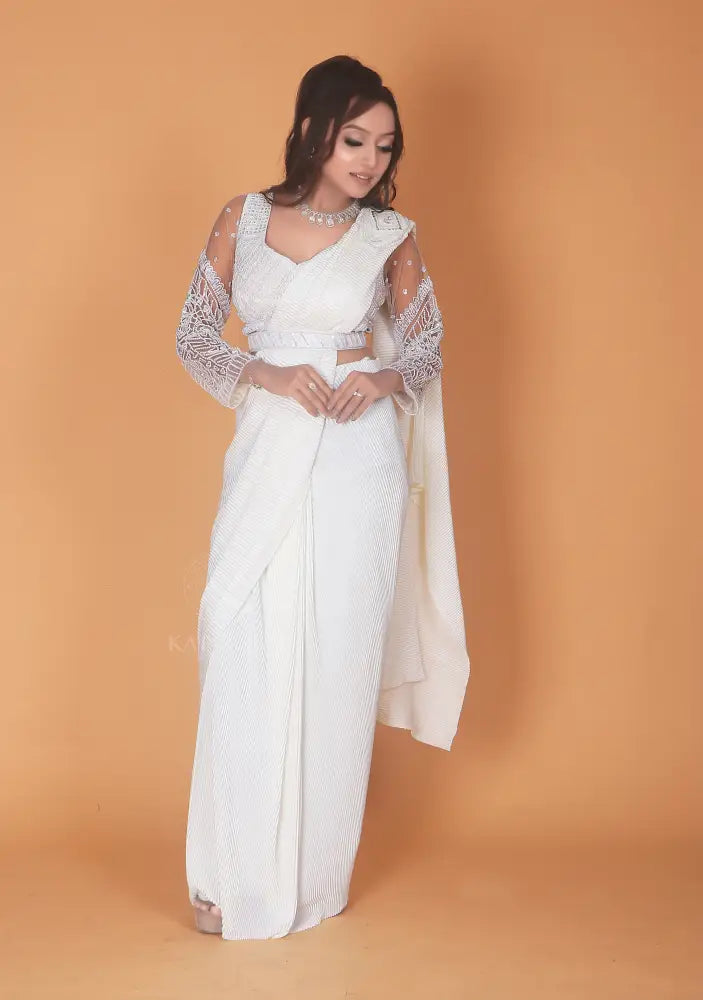 White Jimmy Choo Silk Saree Exquisitely Handcrafted Ready To Wear Saree