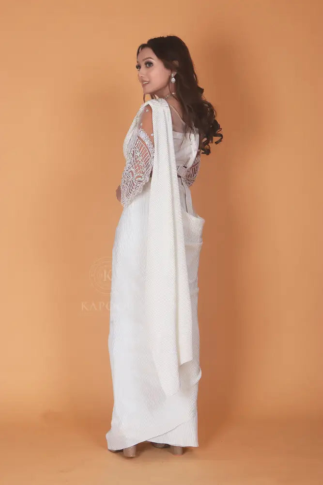 White Jimmy Choo Silk Saree Exquisitely Handcrafted Ready To Wear Saree