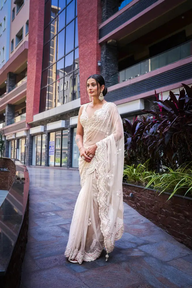 White Organza Saree With Beautifully Handcrafted Stonework Saree