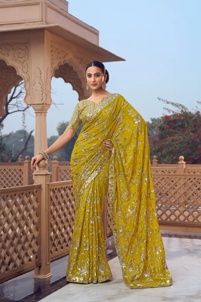 Yellow Georgette Saree With Full Sequins Design For A Festive Look Saree