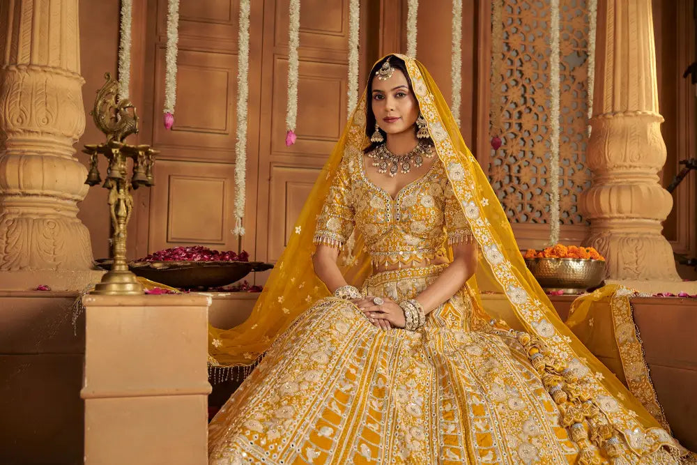 Yellow Silk Lehenga With Dupatta And Intricate Jarkan Embroidery Lehenga